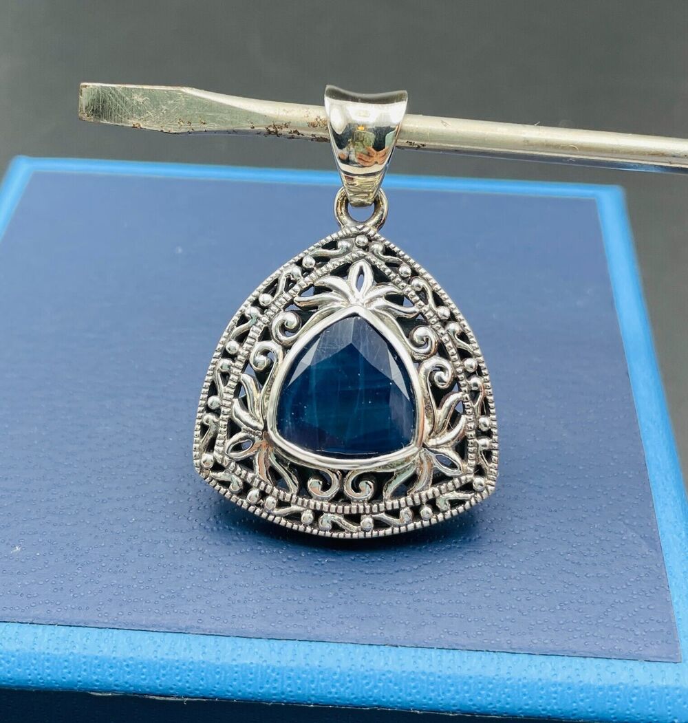 Sterling Silver Sapphire Pendant 7.00 CT Trillion Cut 1.65" x 1" Weighs 11.6 g